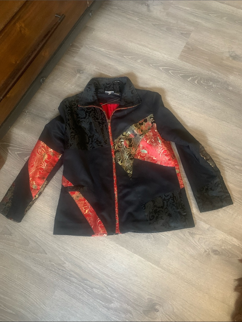 Chico's Asian Style Black Jacket with Red & Gold Patchwork